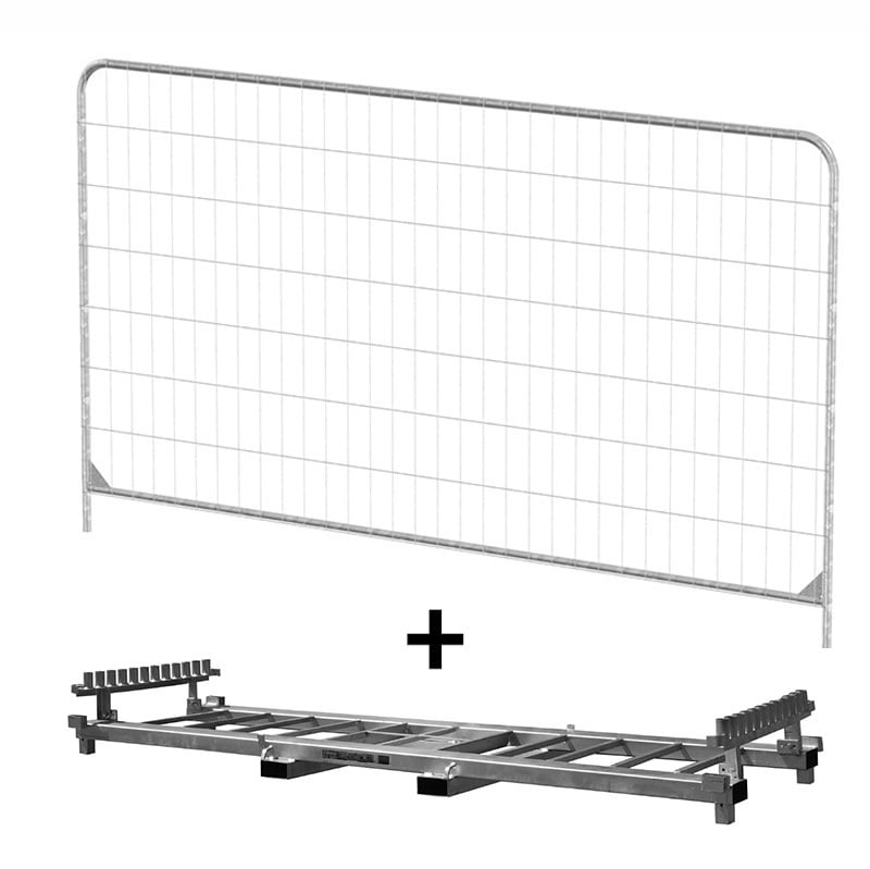1 - Työmaa-aidat Vahvistettu roundtop betonijaloilla + kuljetusteline 105m